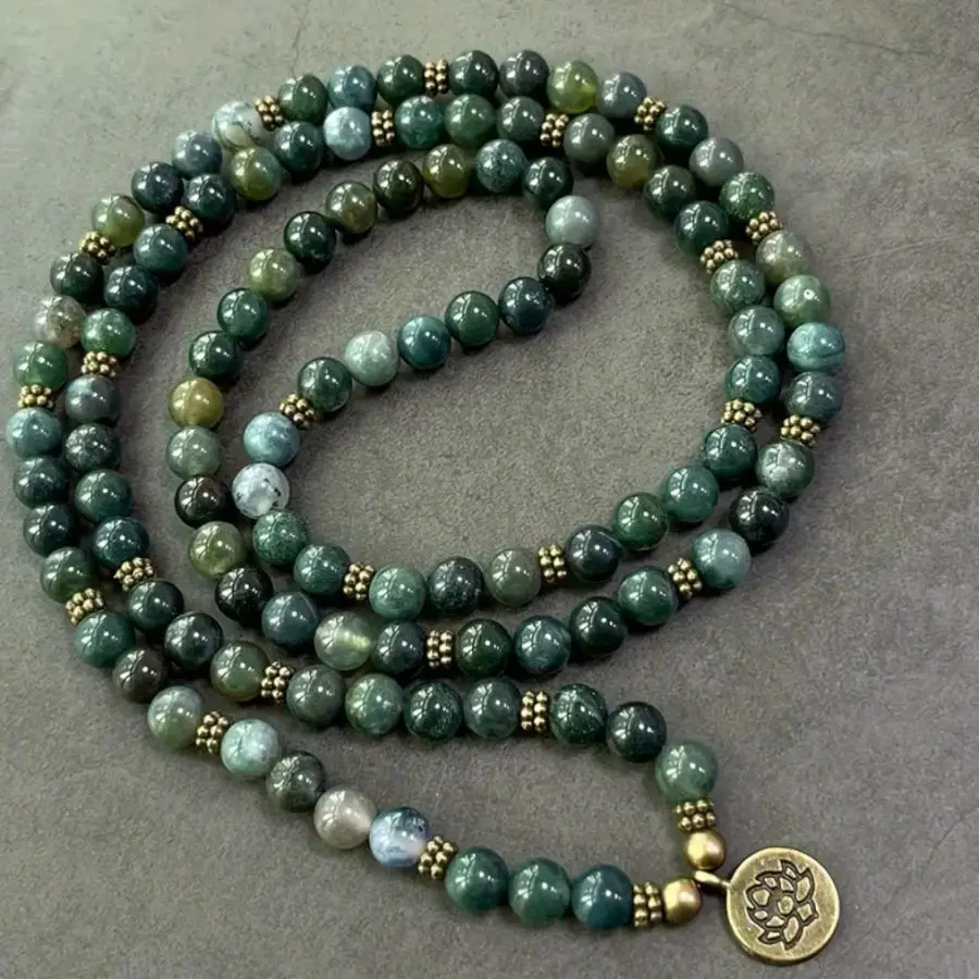 

Natural Green Moss Agate 108 Beads Mala Bracelet with Lotus Pendant & Bronze Spacers Healing Crystal Jewelry