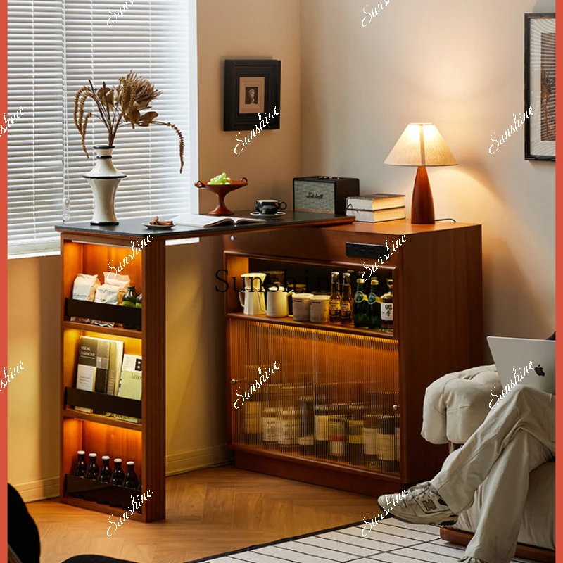 Retro bar cabinet solid wood rock slab island table small apartment retractable table living room operation table lockerYY