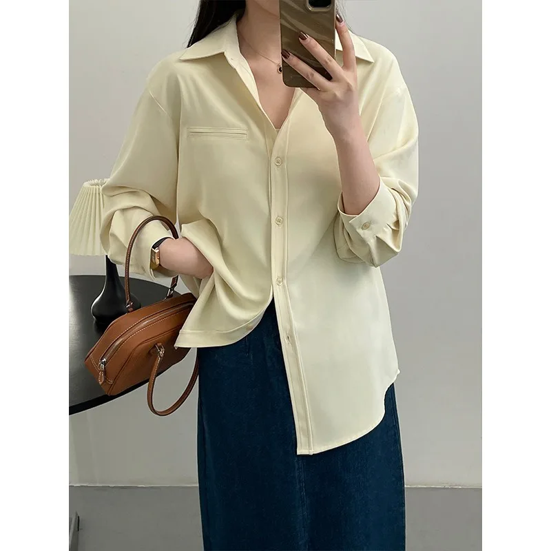 

Solid Color Shirt Retro Loose Shirt Woman