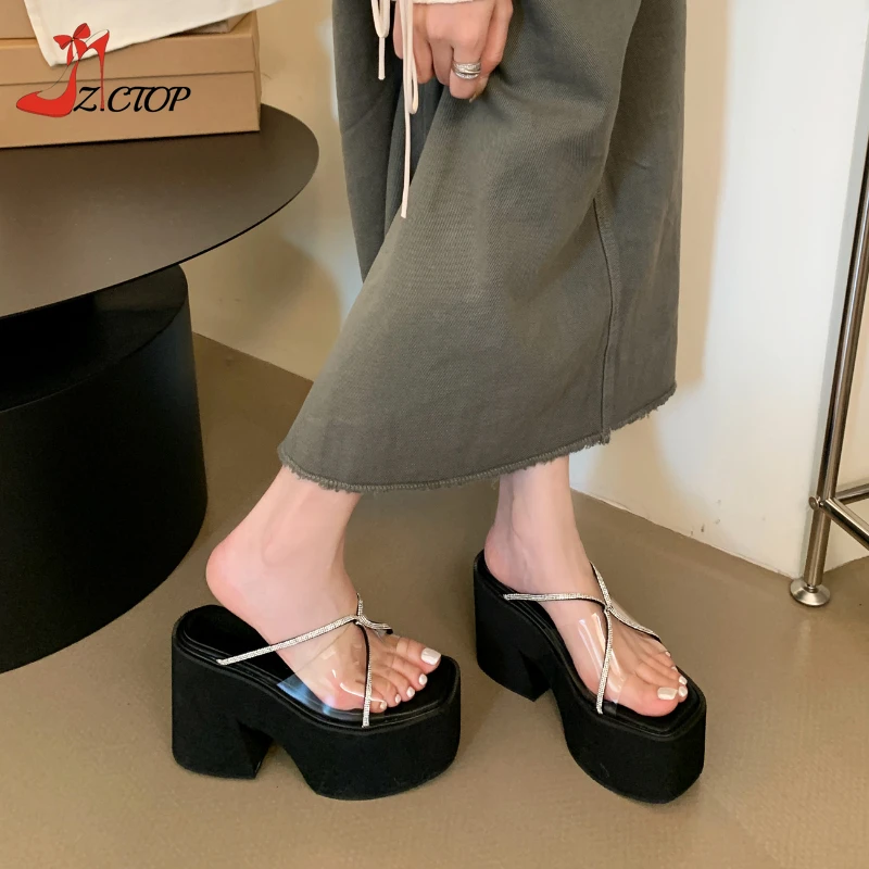 Women Platform Sandals Black High Heels Open Toe Transparent Rhinestone Chunky Heeled Mules Slip On Summer Slippers Woman Shoes