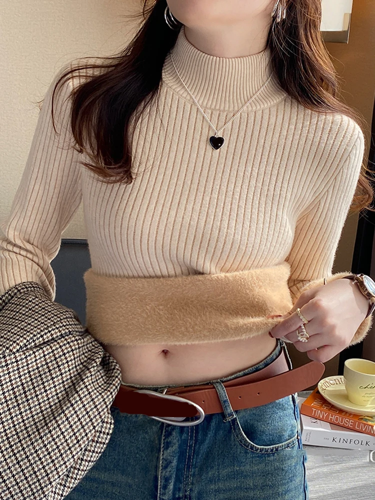 

Semi Turtleneck Long Sleeve Bottoming Shirt New Autumn and Winter Slim Fit Sweater Women Integrated Fleece Elegant Knitwear Tops