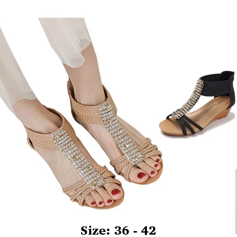 

High quality leather flat sandals for women 5cm wedge mid heel summer 2025 36 42 open toe casual beach shoe black khaki