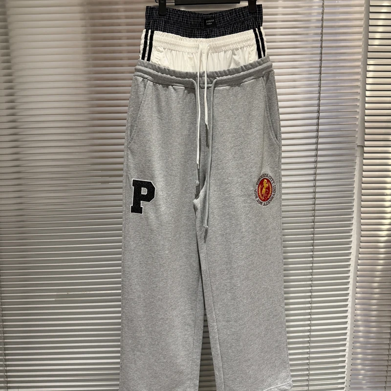 

Fake Three Waist Protocol Index X Vandythepink Embroidery Warhorse Badge Sweatpants Men Women Splice Loose Drawstring Trousers