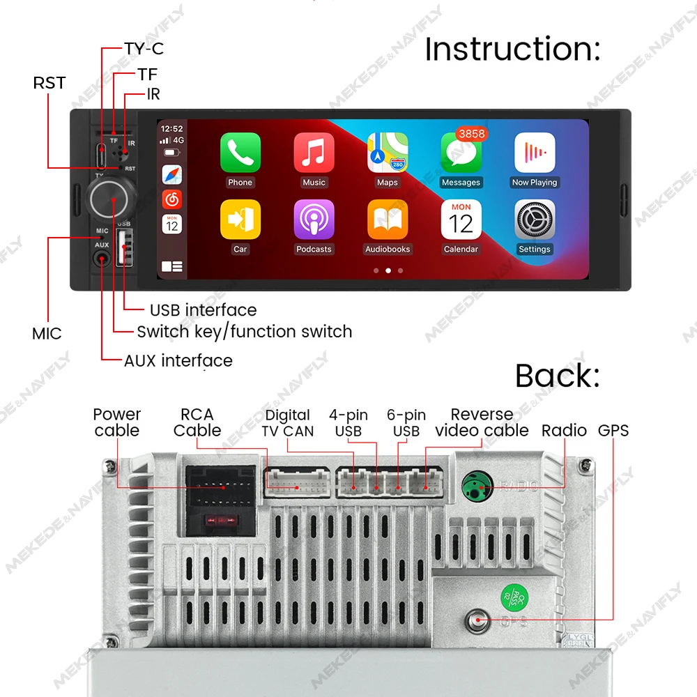 MEKEDE Universal 1din Car Radio 6.86 inch Multimedia Smart Screen Wired/Wireless CarPlay Andriod Auto BT USB TF FM Auto Radio