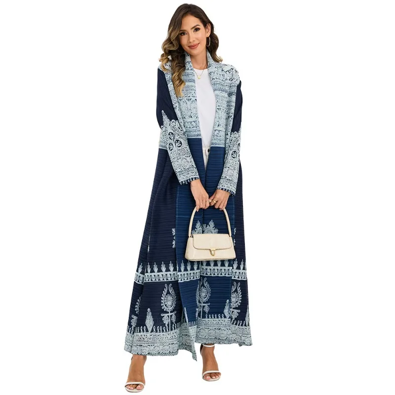 아바야 미야케 플리츠 롱 트렌치 코트 2025 가을 신상품 사우디아라비아 패션 플리츠 프린트 가디건 재킷 여성 의류