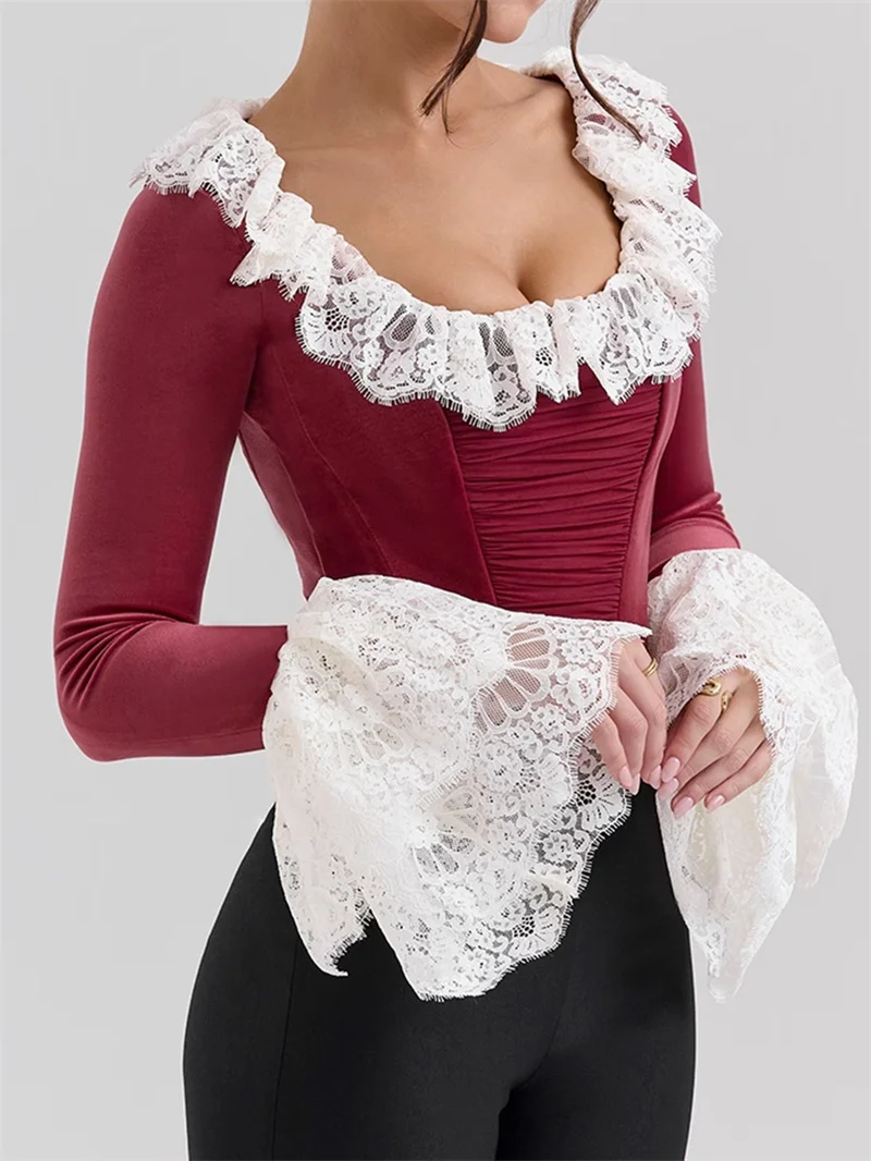 Lace Flare Long Sleeve Sexy Tops Women Square Collar Crop Top Female Elegant Slim Fit Short T Shirt Tops Christmas Clothing