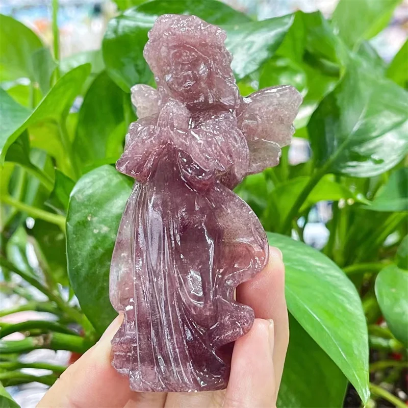 Natural Strawberry Quartz Angel Figurine Hand Carved Healing Stone Gemstone Reiki Home Decor Crystal Craft Gifts 1pcs