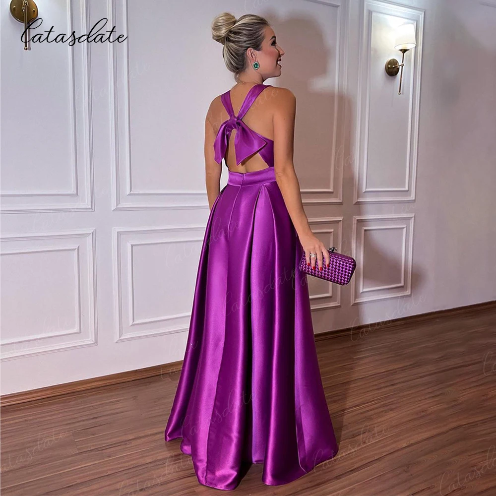 Catasdate Satin Evening Party Dress for Women A Line Wedding Prom Dresses Bow Back Formal Engagement Dress vestidos de festa