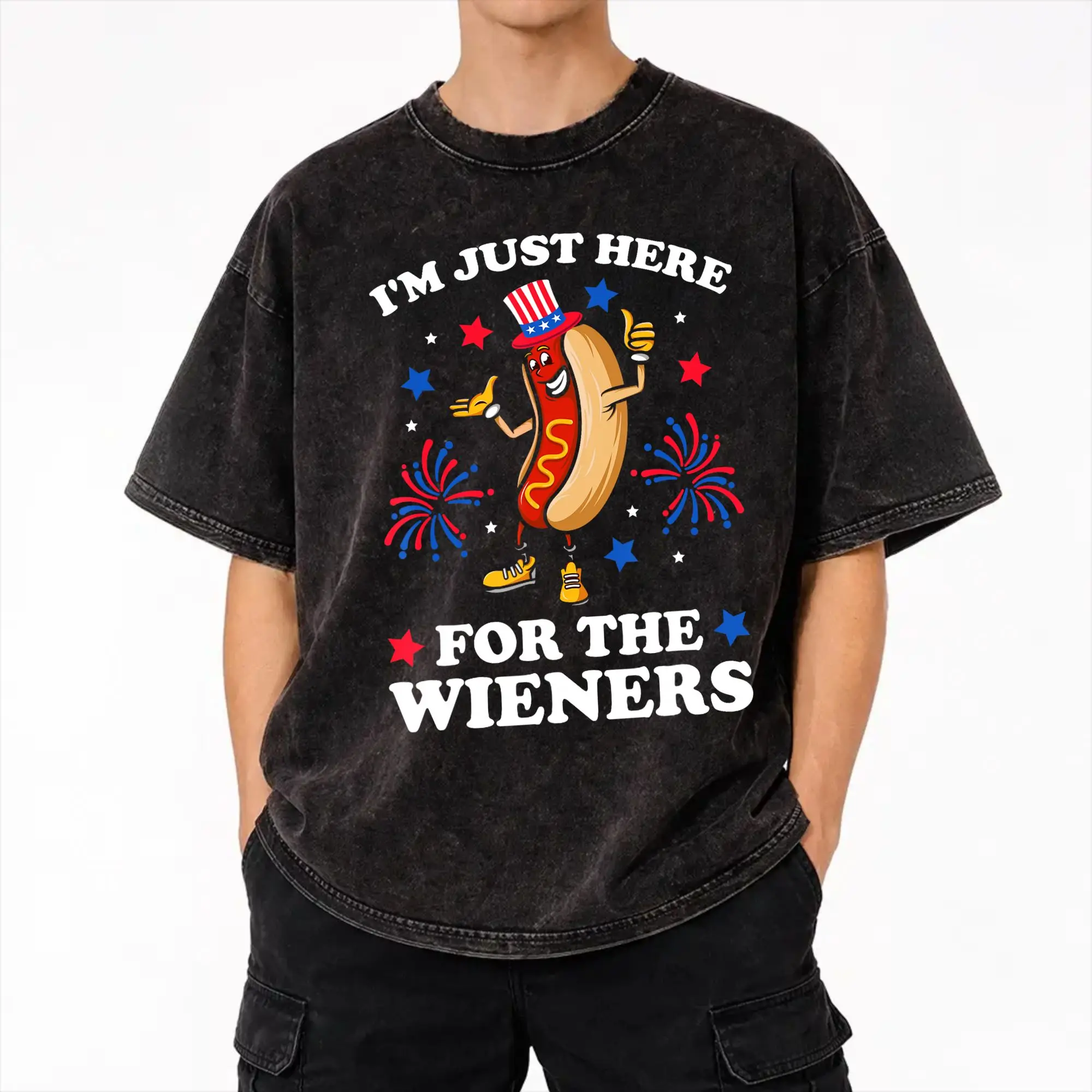 Graphic Printed Hot Dog I'm Just Here for The Wieners 4Th of July  Washed Shirt Accessories Oversize T-Shirt