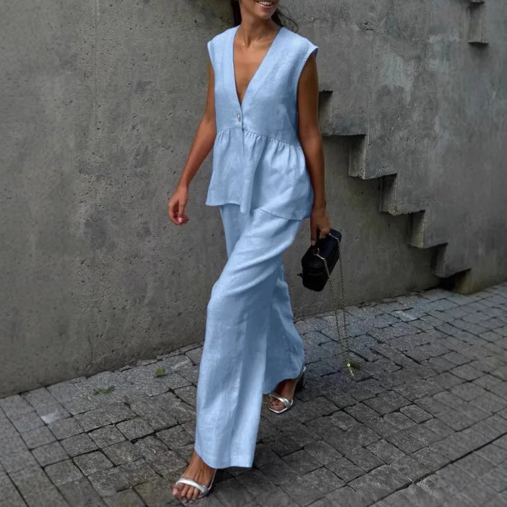 

Casual Cotton Linen Two Piece Set Fashion Deep V-neck Sleeveless Spliced Folds Hem Buttoned Top Straight Trousers Set For Women