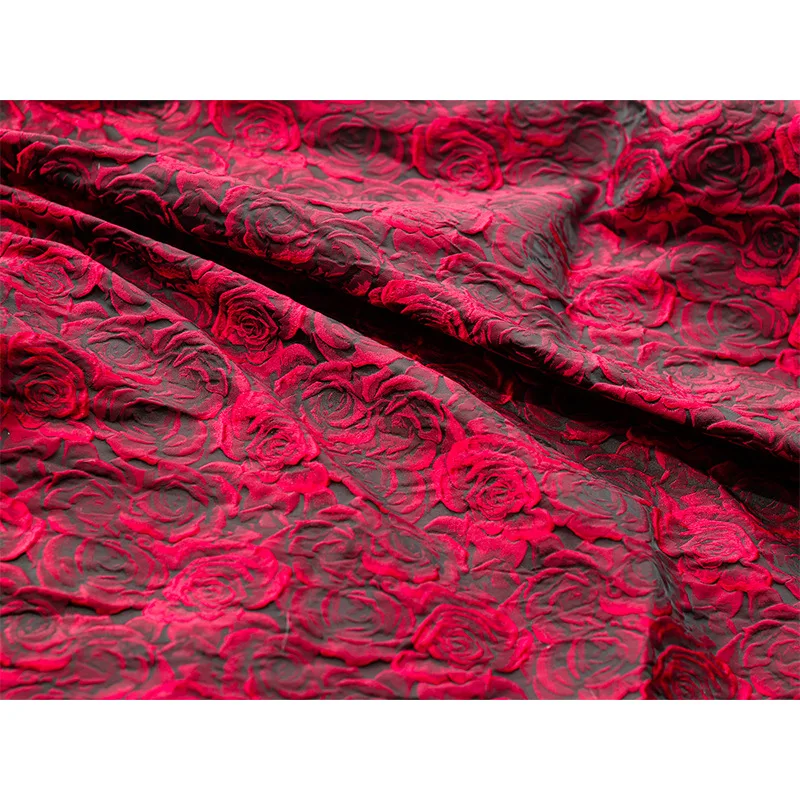 Embossed Dark Red 3D Rose Jacquard Yarn Dyed Fabric for Women\'s Dress Suit Bag Diy Sewing 45cmx160cm