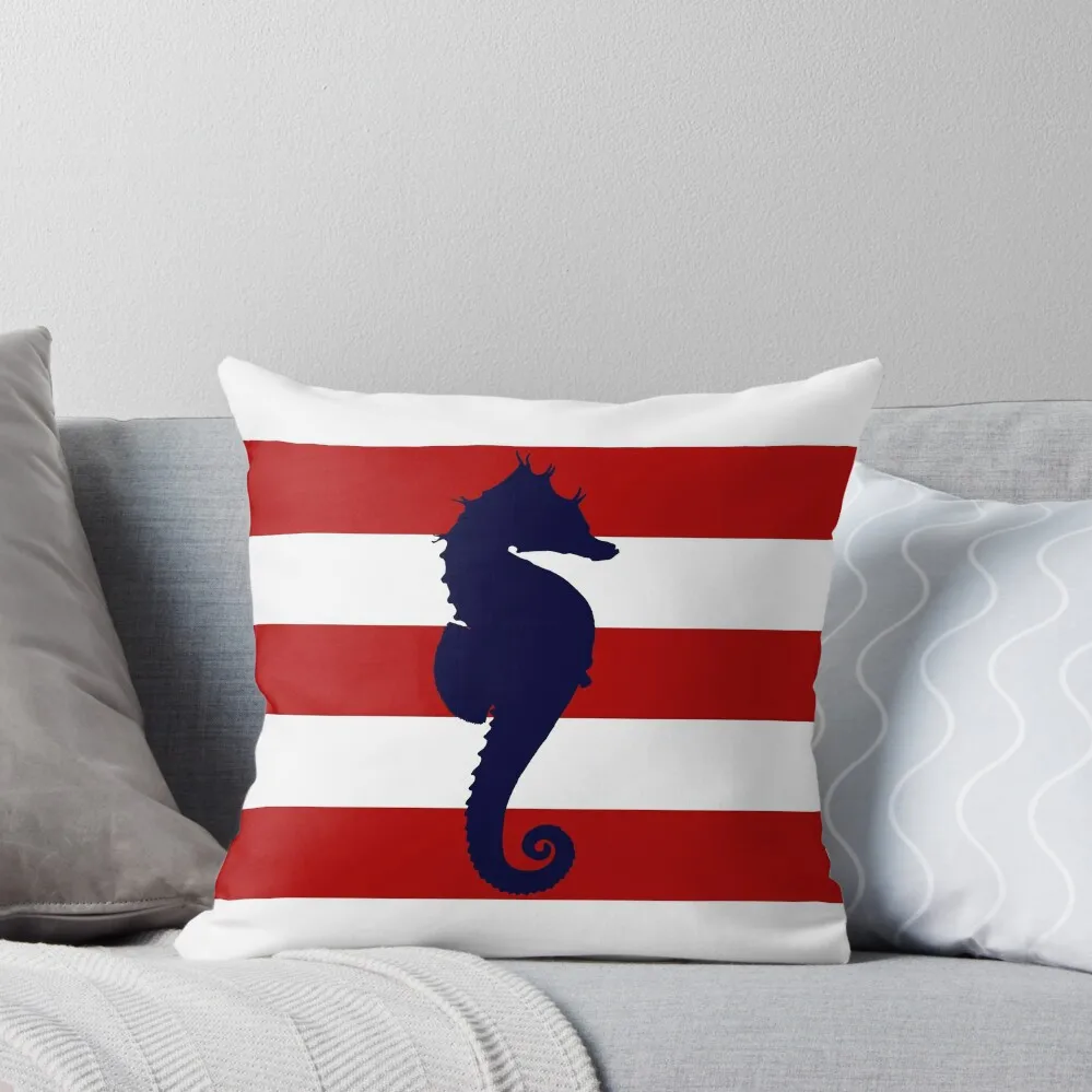 

Nautical Navy Blue Seahorse On Red Stripes Throw Pillow christmas supplies Christmas Cushion For Home Couch Pillows pillow