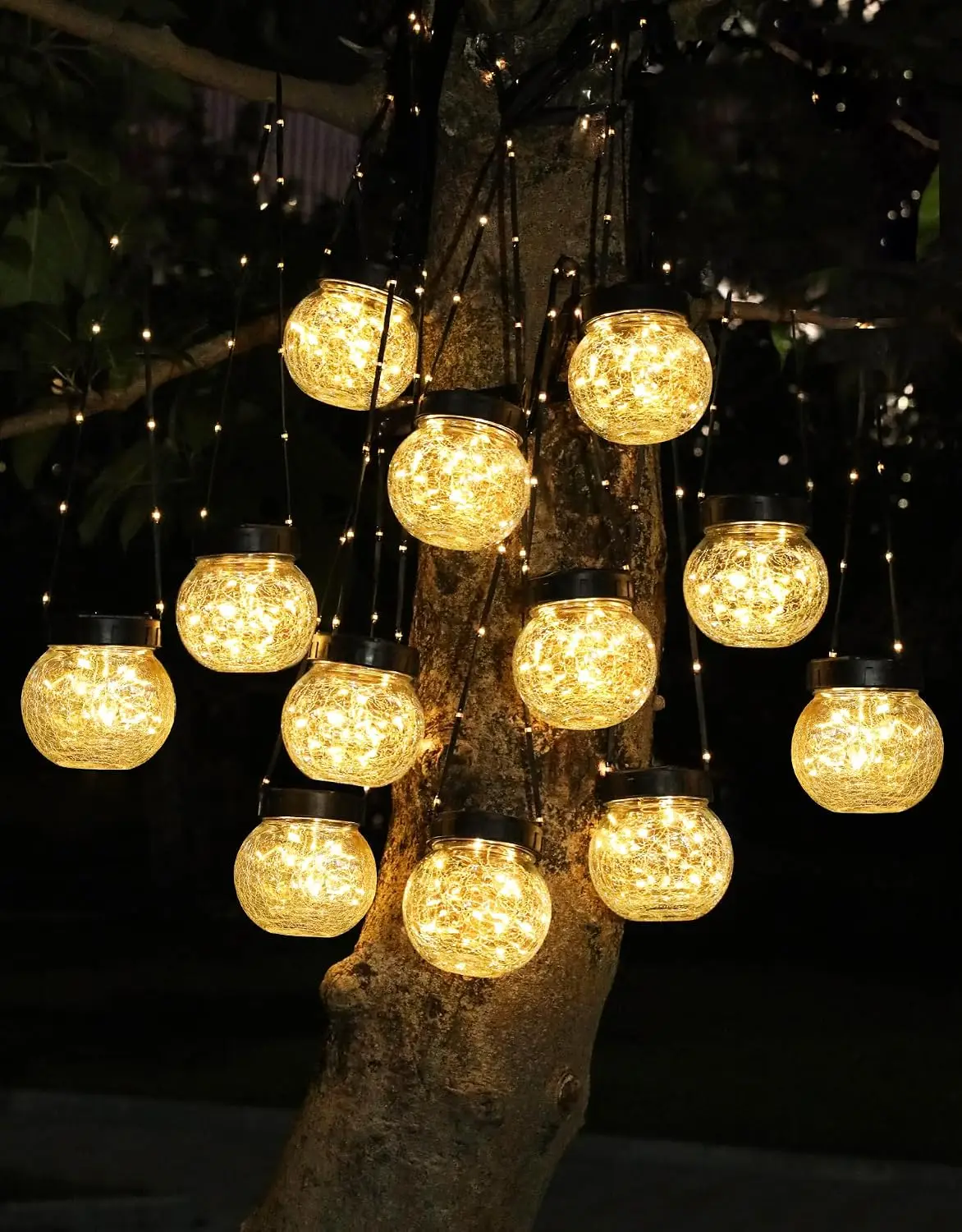 12-Pack Solar Cracked Glass Hanging Lanterns, Warm White LED, Waterproof Outdoor Decor with Shepherd Hooks