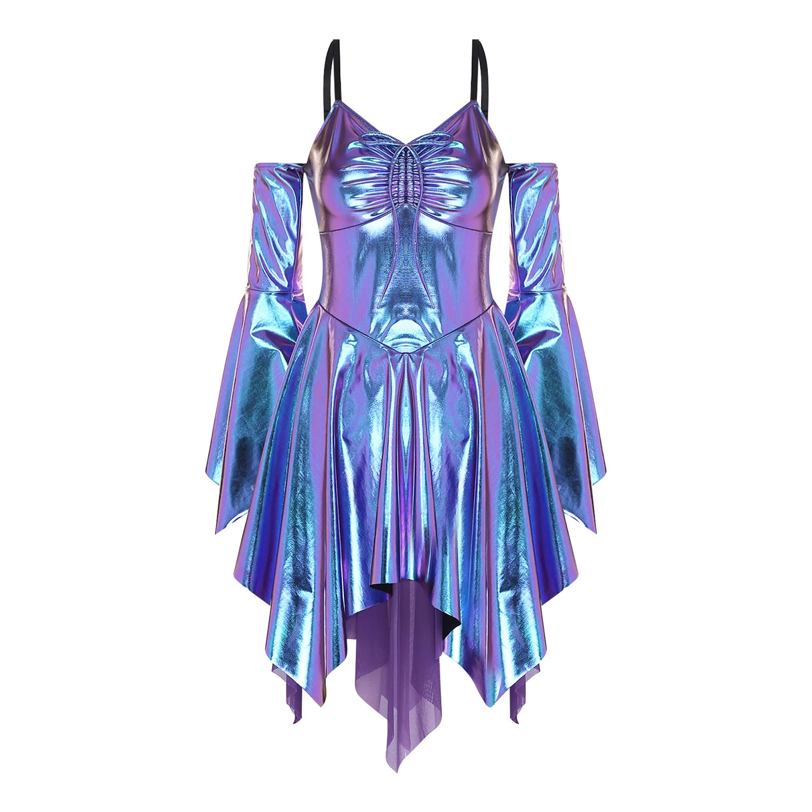 Women Adult Disco Party Metallic Dance Dress Long Sleeve Camis A-line Fashion Dress for Party Raves Nightclub High Look Outfits