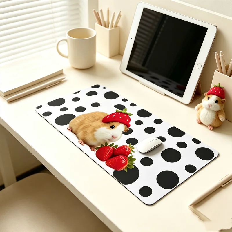 Kawaii Guinea Pig Sweet Strawberry Black Polka Dots PU Leather Mouse Pad E-sports Game Keyboard OfficeStudent Desktop Decoration