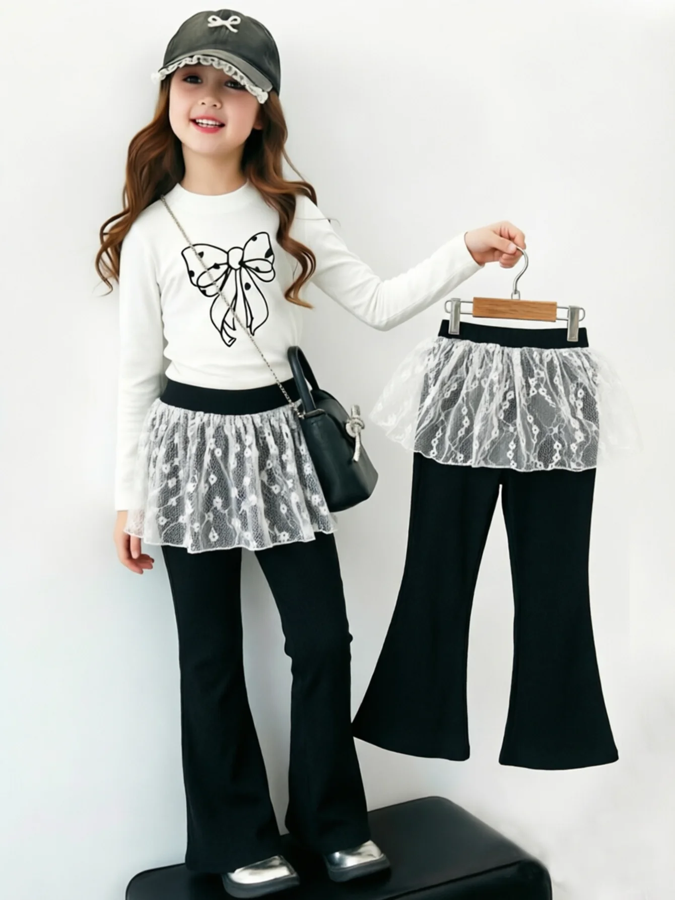 Fashionable Lace Skirt Pants for Girls Bell Bottom Four Season Suitable Fake Two-Piece Long Trousers