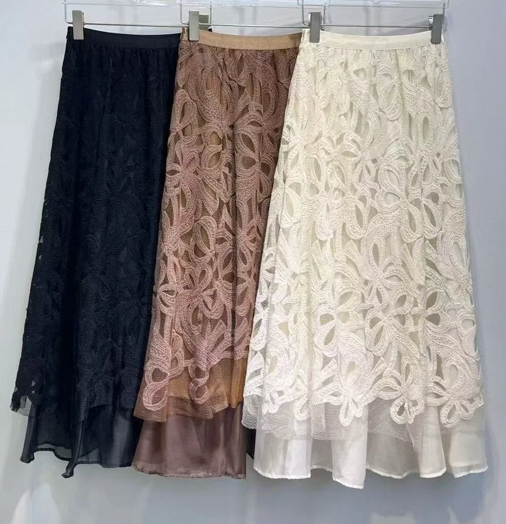 

Новое поступление, юбки 2026, весна-лето, модная женская ажурная вышивка в стиле пэчворк, элегантная вечерняя длинная юбка макси, коричневая, черная