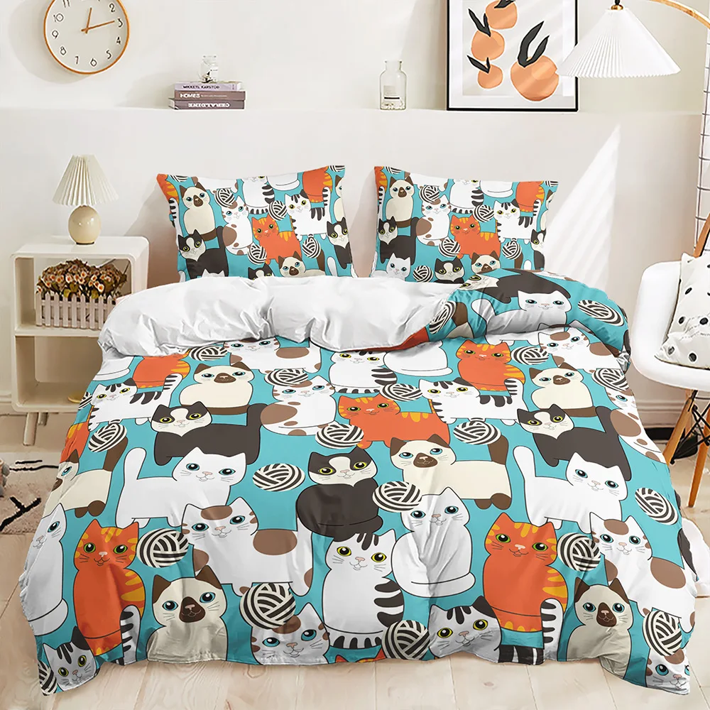 Juego de ropa de cama de microfibra suave con dibujos de gatos, fundas de almohada, tamaño individual, Queen y King, animales, 135x200cm