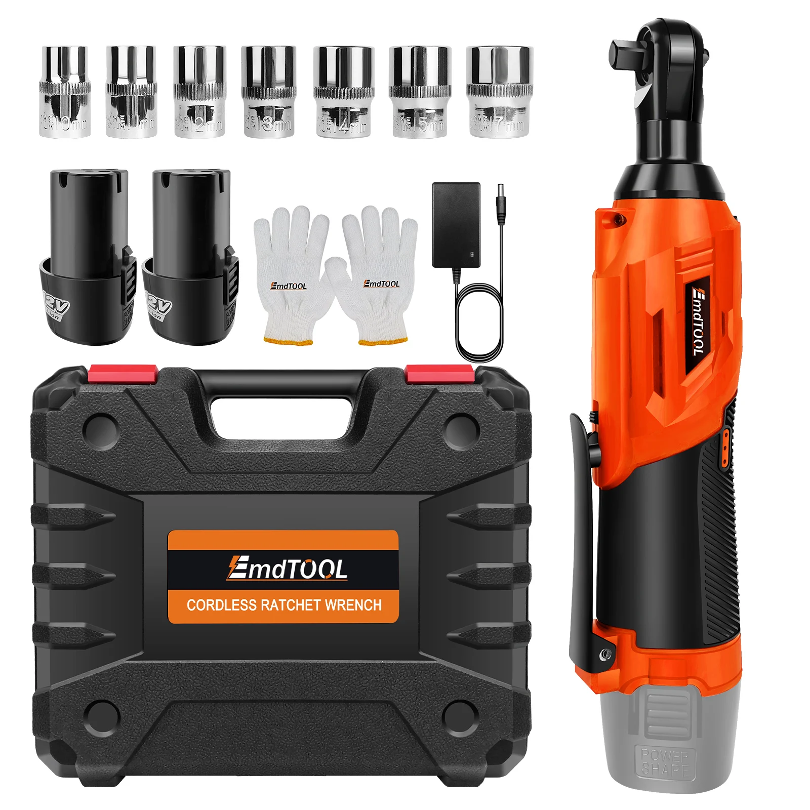 EMDTOOL 3/8 Cordless Right Angle Electric Ratchet Wrench 200N m Torque LED Work Light 7pcs Sockets Set 2 Batteries Included