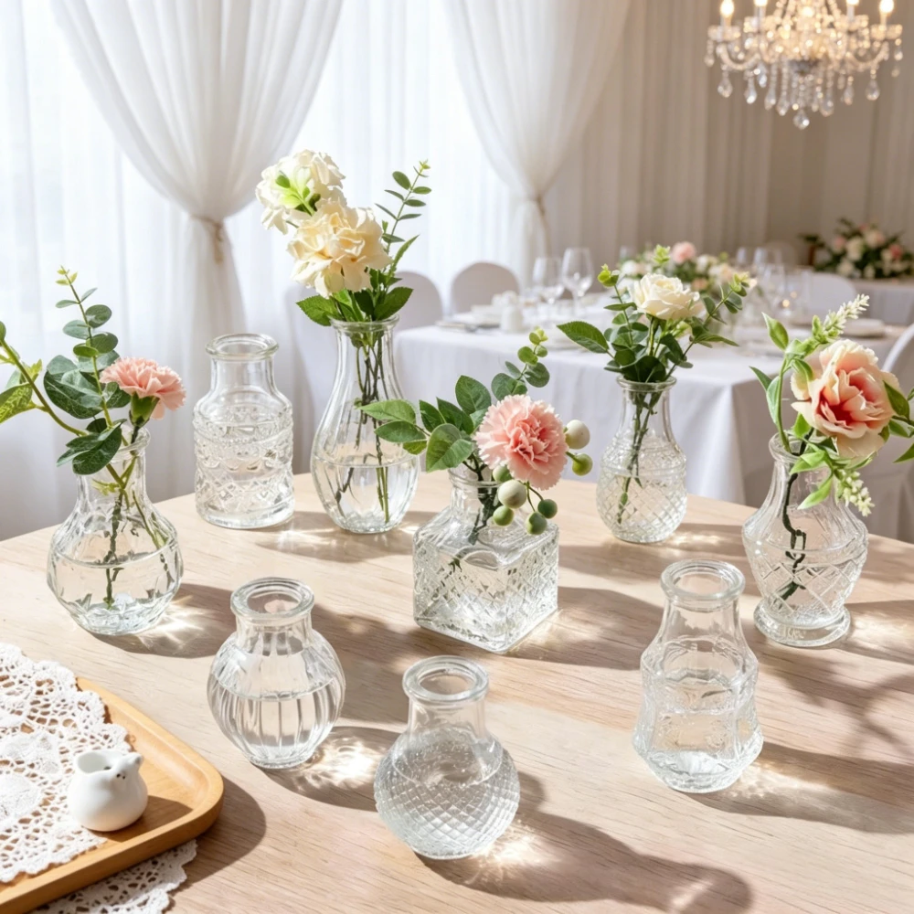 10/20set Retro Relief Mini Glass Vase French Clear Tabletop Plant Pot Home Decor Table Centerpiece Wedding DIY Craft Gift Idea