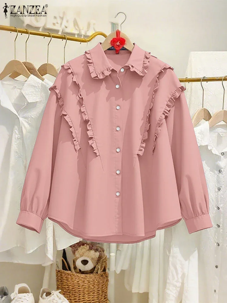 잔제아 여성 패션 셔츠 2025 가을 긴팔 러플 블라우스 우아한 오피스룩 여성 튜닉 탑 솔리드 컬러 블루사 여성복