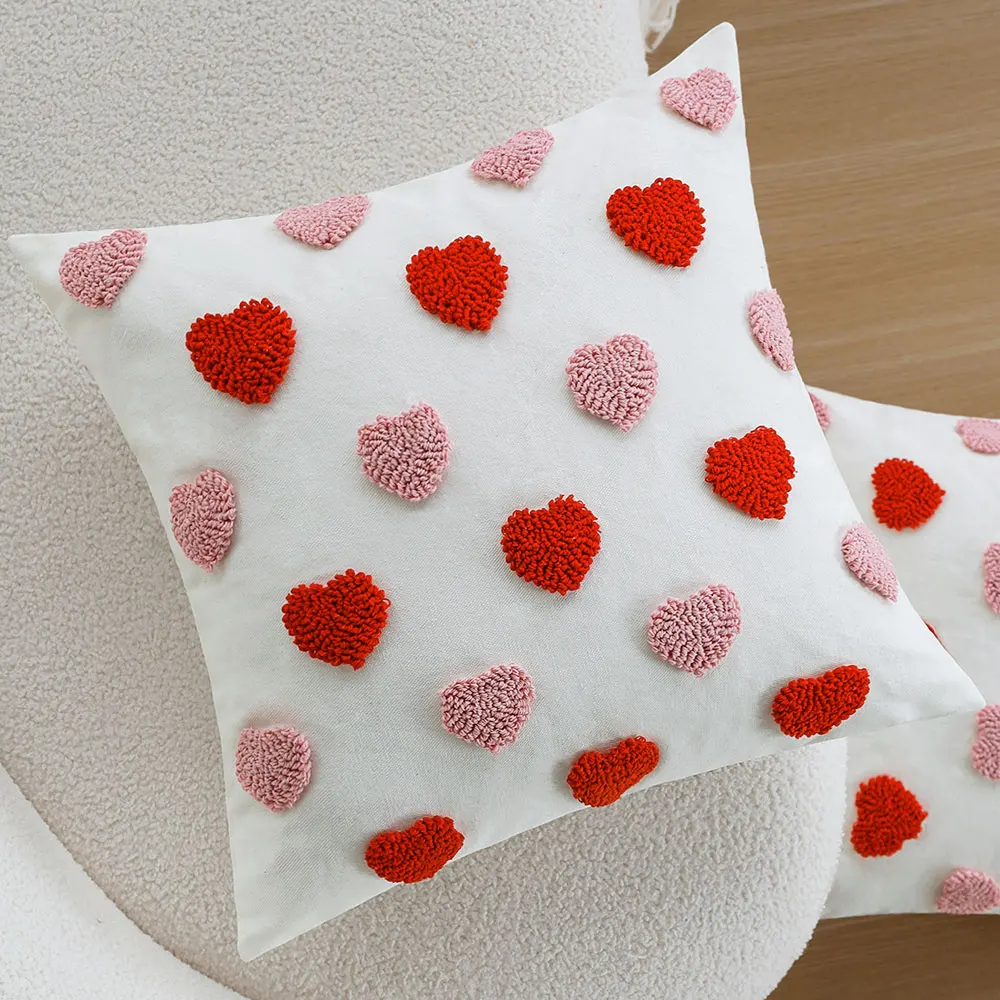 Embroidered Pillow Cover for Valentine's Day Living Room Sofa Decor Heart Cushion Cover for Couch Bed Tufted Pillowcase 45x45