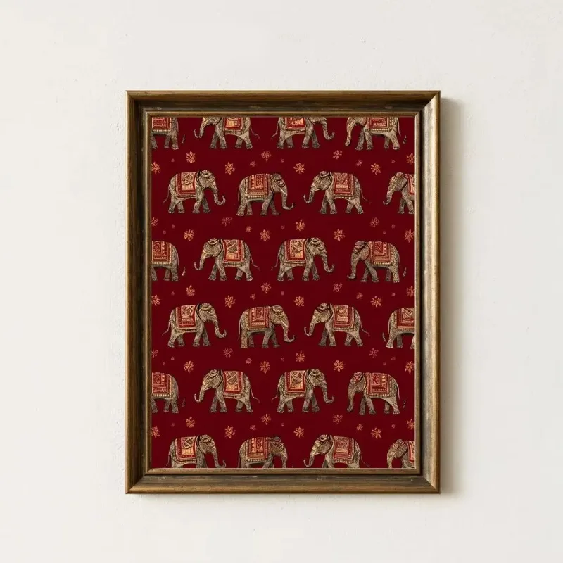 Indian Elephant Pattern Print, Red Textile Wall Art, Boho Tribal Decor, Oriental Animal Poster, Cultural Interior Design