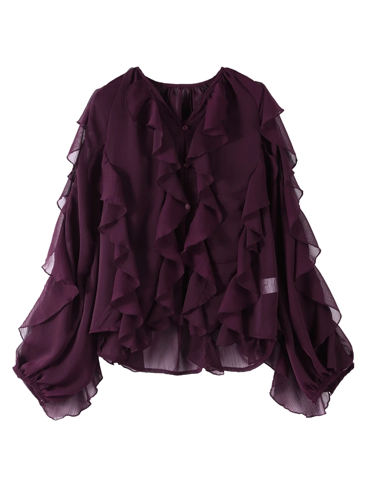 

Elegant Ruffles Shirts Shirts Women V Neck Single Breasted See Through Blouse Female 2025 Spring Long Sleeves Chiffon Shirt Lady