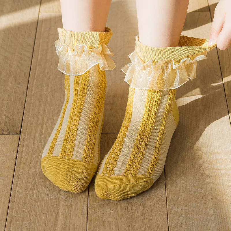 3/6 Paar Mädchen-Socken mit Spitzenrüschen, Baumwolle, atmungsaktiv, bequem, bezaubernd, für Kinder im Prinzessinnen-Stil, tanzfertige Socken mit Rüschenbesatz – Detail 8