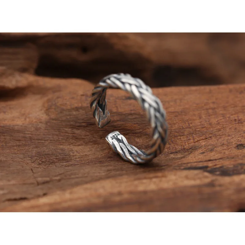 Wholesale S925 sterling silver ring vintage Thai silver ornament simple woven hemp rope rattan Women's Open pinky ring ring