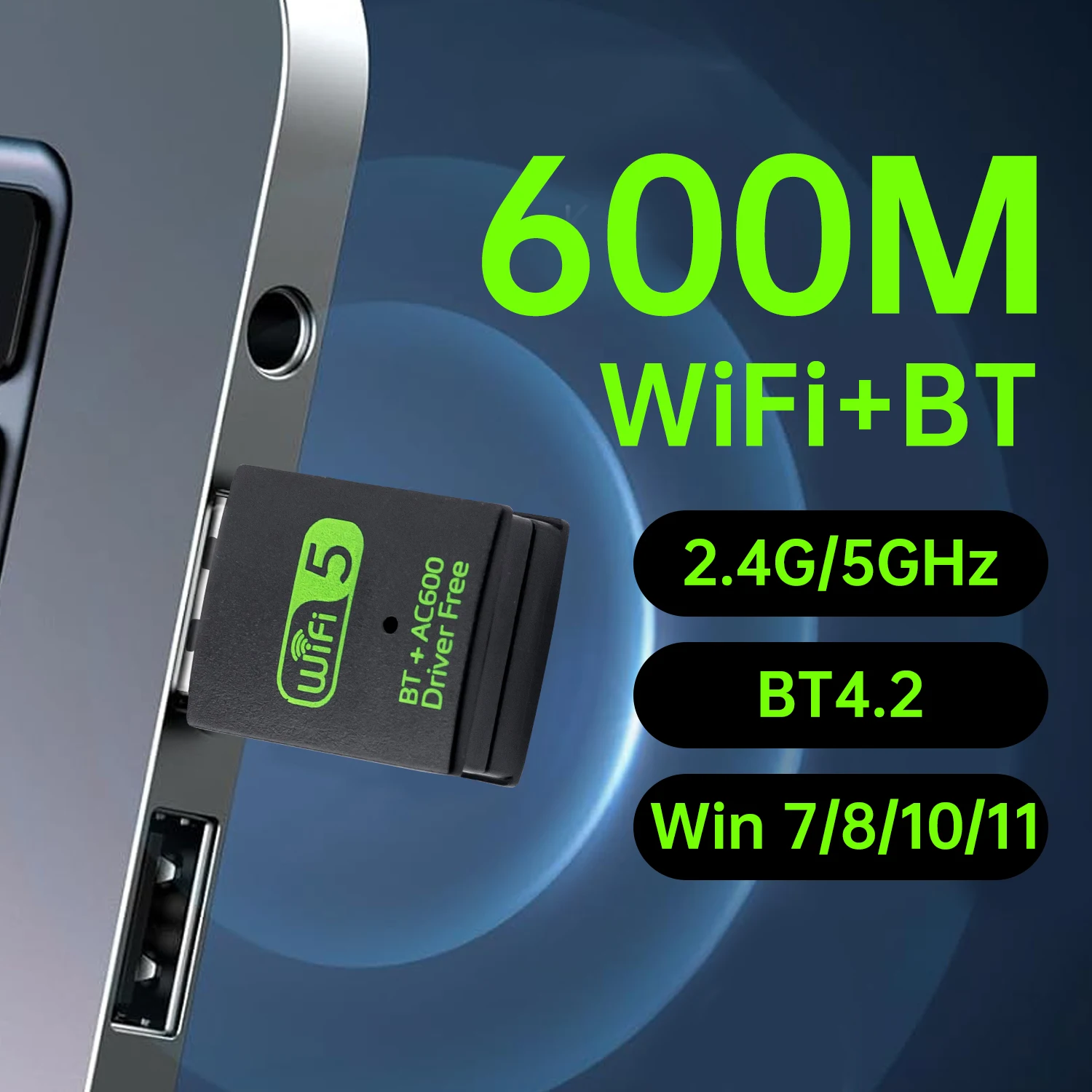 600M USB WiFi Bluetooth Adapter 2.4G 5GHz 2 in 1 Dongle USB WiFi 5 Wireless Network Card for Laptop/Desktop Windows7/10/11