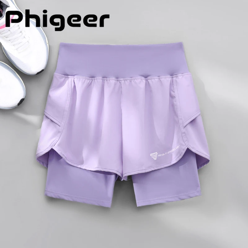 Shorts de sport élastiques taille haute PHIGEER pour femme, 2-en-1, séchage rapide, respirants, pour yoga et entraînement, vêtements de fitness pas chers