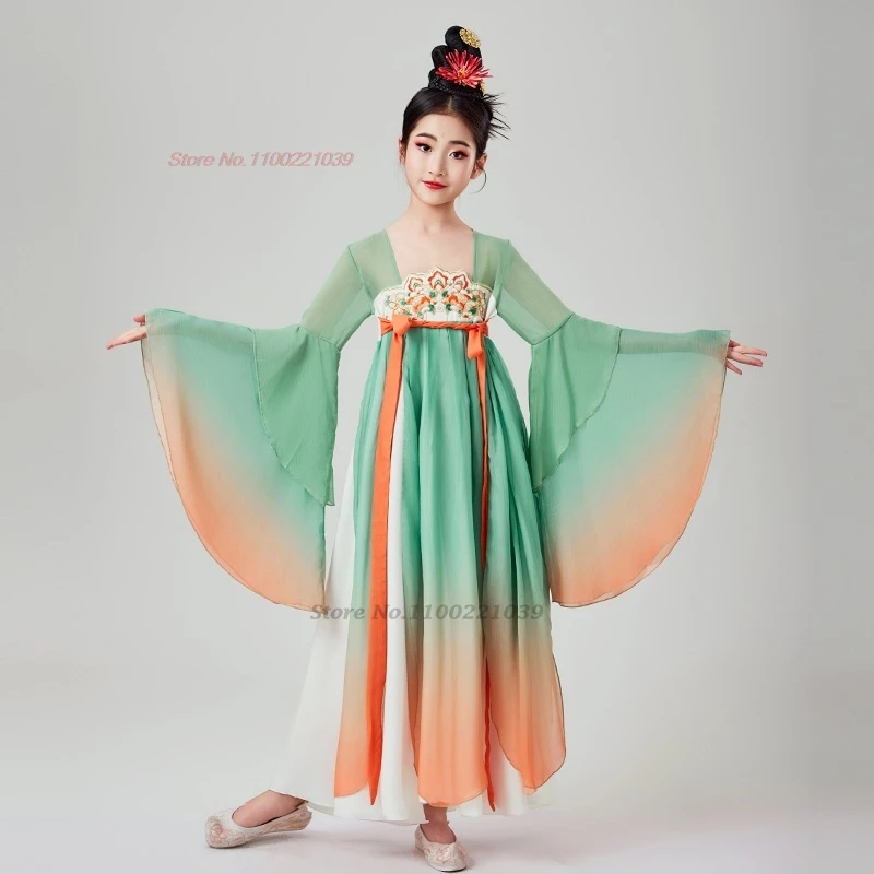 2025 chinese vintage children dance costume national flower embroidery gradient color hanfu dress stage performance folk dress