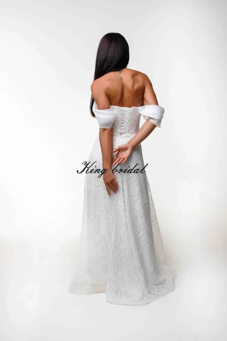 Trem destacável feito sob encomenda vestido de casamento de renda com organza fora do ombro renda chantilly vestido de casamento modesto