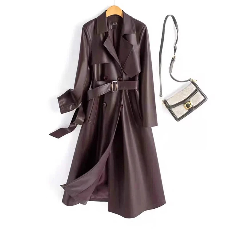 Nuevo Mujeres Primavera Otoño Serraje Abrigo Moda Cuello vuelto Doble botonadura Trench de cuero Elegante Abrigo largo femenino