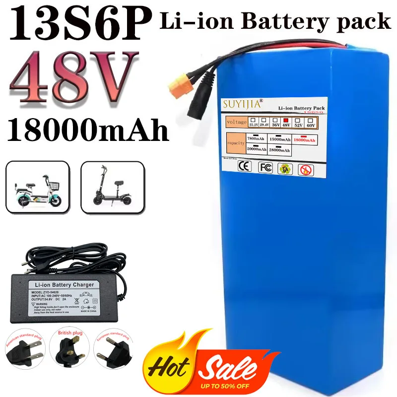 Built in 13S6P 48V 18AH 18650 1000W high-power 54.6V 30A BMS lithium battery, used as a backup battery for outdoor power tools