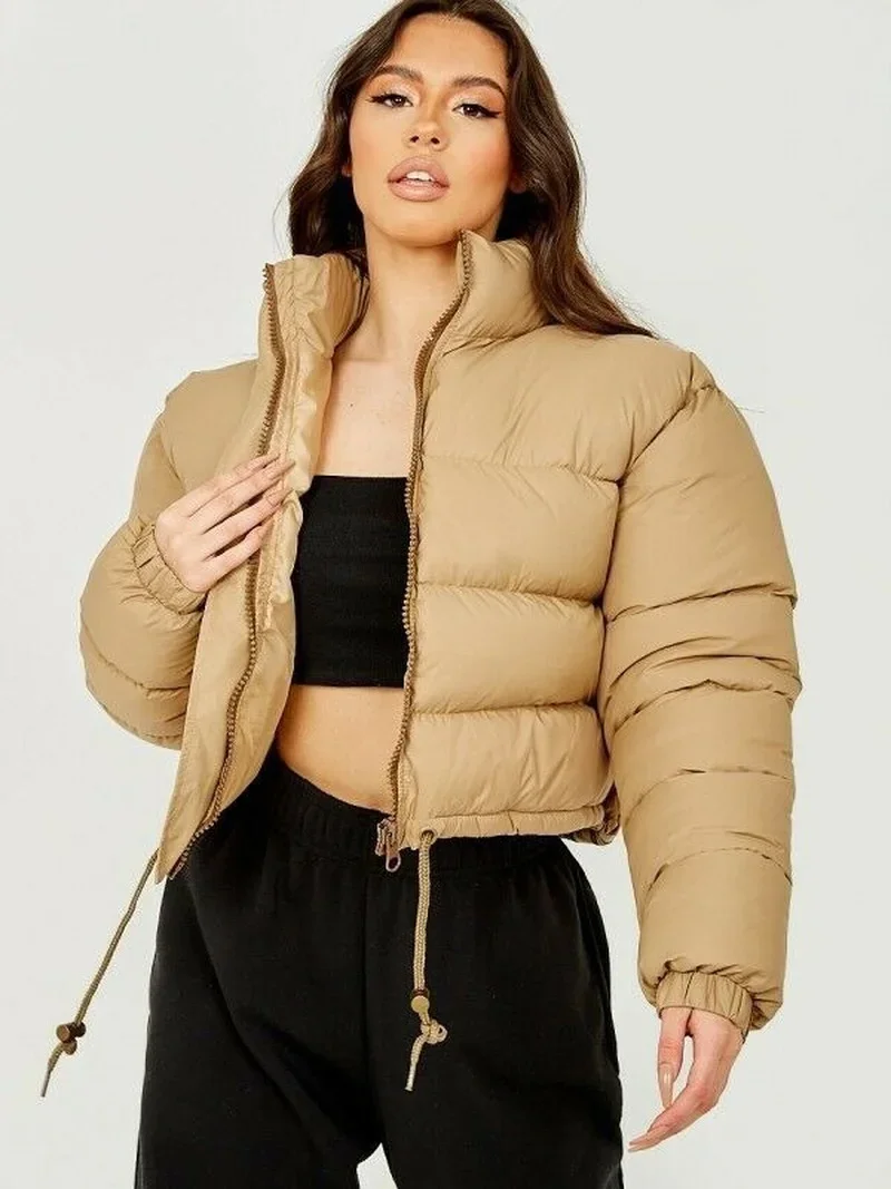 Chaqueta acolchada de algodón para mujer, abrigo corto de Color liso con cuello Simple e informal, para invierno, 2023
