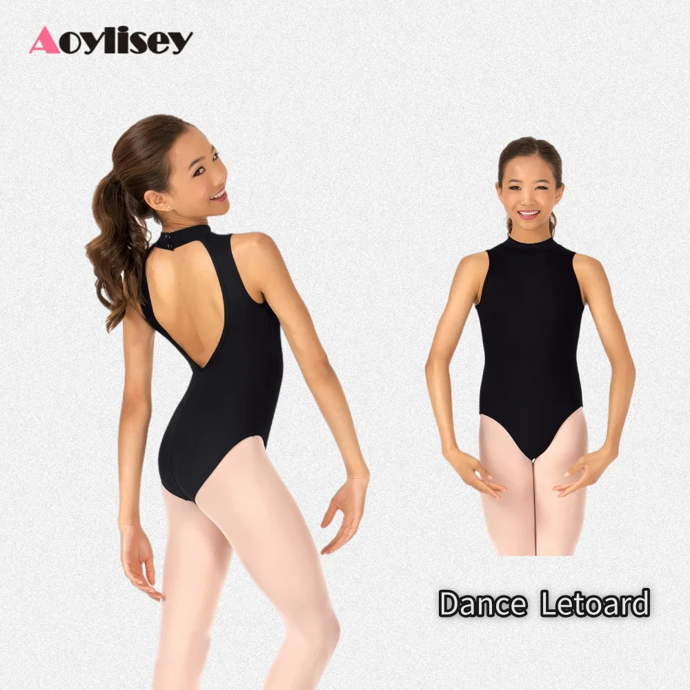 ชุดบอดี้สูทเด็กผู้หญิงสีดำแบบไม่มีแขน คอเต่า เปิดหลัง ผ้ายืด สำหรับเต้นบัลเลต์ ยิมนาสติก และการแสดงบนเวที