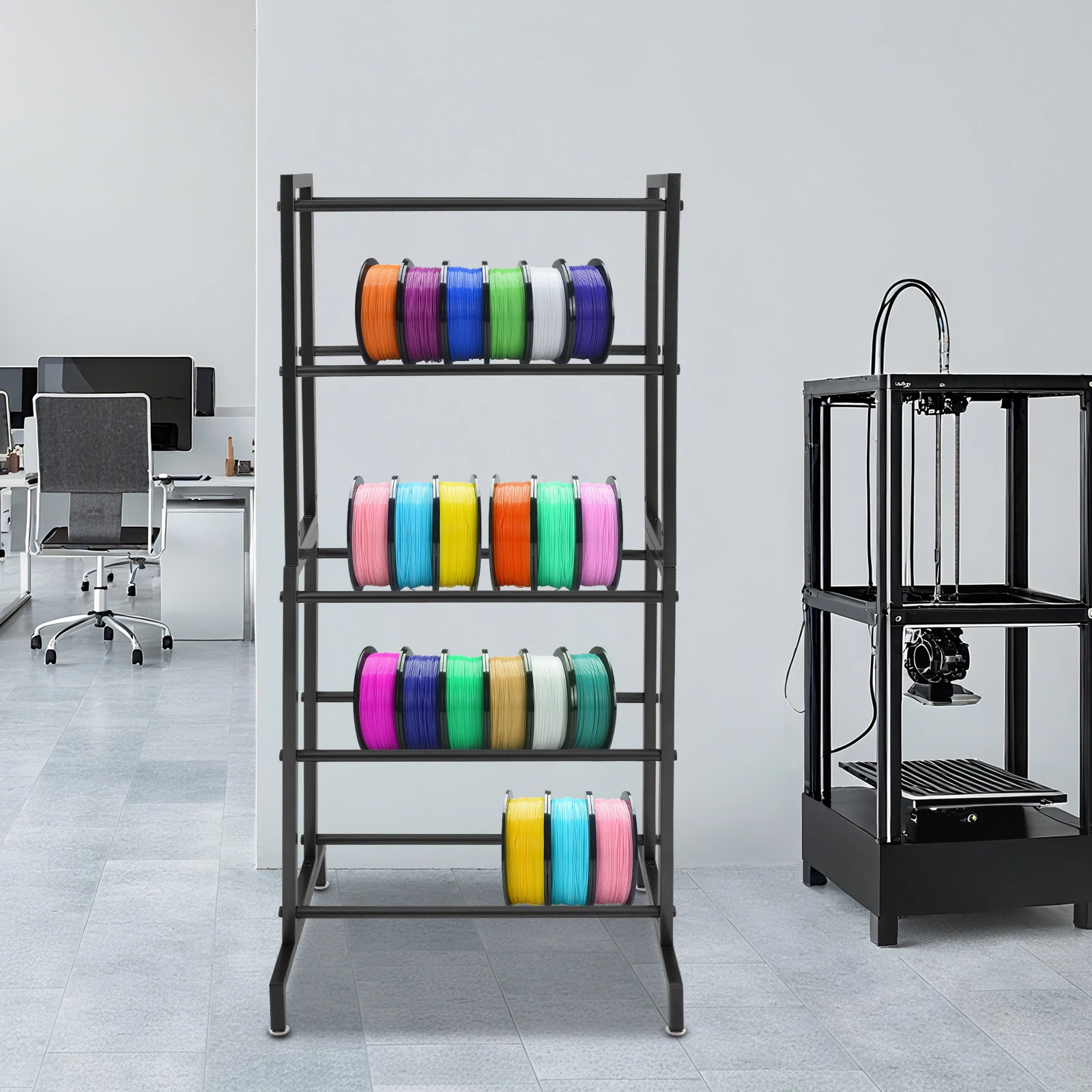 5-stufiger Filamentspulen-Organizer-Rack aus schwarzem/weißem Stahl, 22,8 x 14,2 x 46,5 Zoll Filament-Aufbewahrungshalter für 3D-Drucker-Filamentspulen