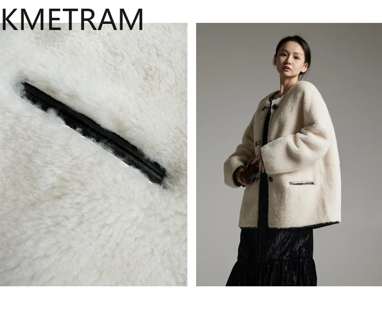 معطف فرو صوف ميرينو طبيعي 100% من KMETRAM سترة نسائية متوسطة الطول من الفرو الحقيقي للخريف والشتاء ملابس كبيرة الحجم 2025 أربعة نسائية
