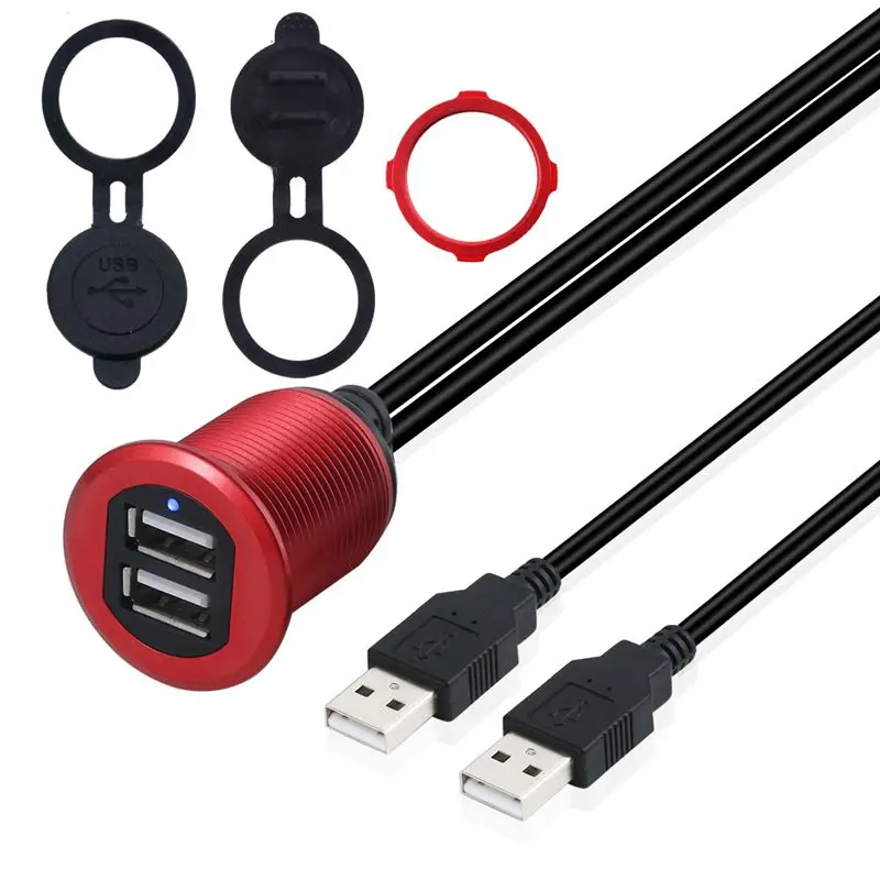 Double Port USB 2.0/3.0 Waterproof Cable With LED Light Metal Shell, Car, Yacht, Motorcycle Dashboard Panel Data Extension Cable