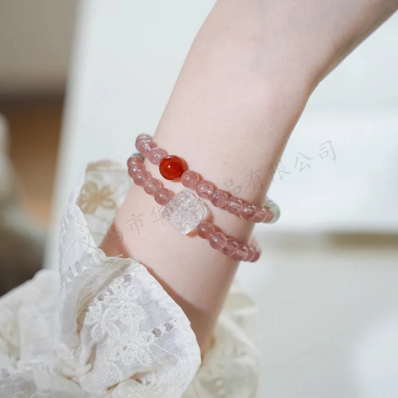 Chinese Style 6mm Natural Strawberry Quartz Double Wrap Handstring Bracelet Lucky Wealth Blessing Auspicious Flower Women Gift