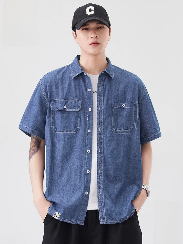 

Летняя тонкая джинсовая рубашка PaulFrank свободного кроя с коротким рукавом, повседневная универсальная мужская модная верхняя одежда, дышащая хлопковая рубашка