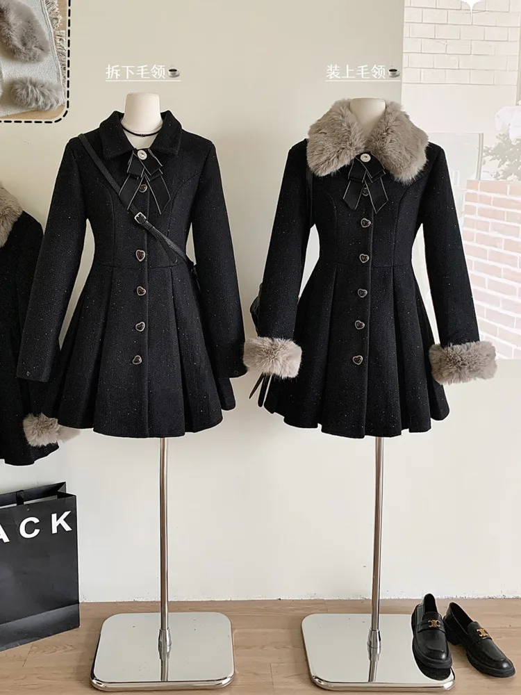 High Quality Women Elegant Woolen Coat Warm Winter Sweet Faux Fur Collar Woolen Dress Female Vintage A-line Party Style Dresses