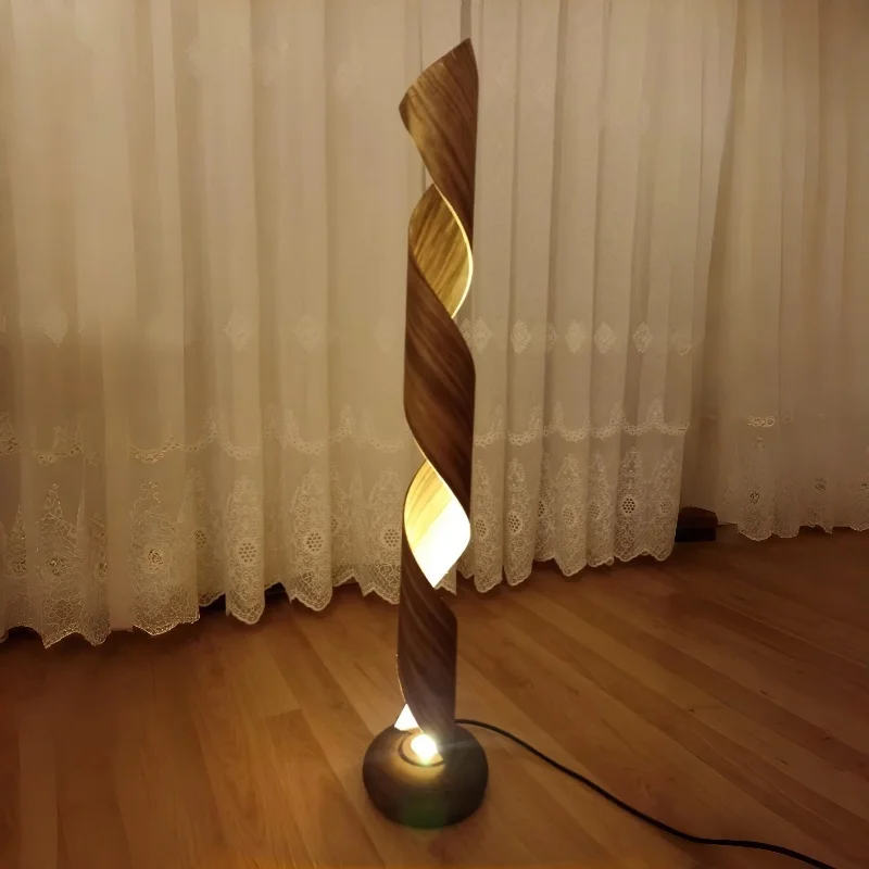 Spiral Grain Solid Wood Craft Floor Lamp-Handcarved Twisted Wooden Freestanding Lighting Ornament For Modern Living Room Home