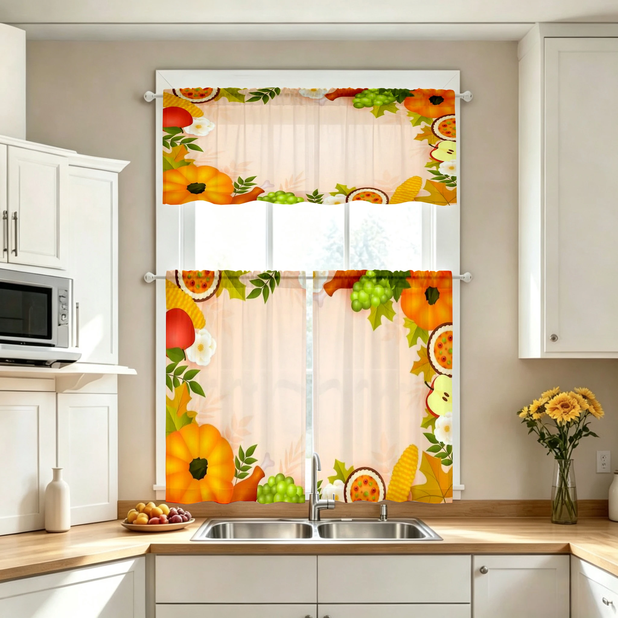 Thanksgiving Fall Kitchen Curtains, Harvest Fruit Frame, Digital Print, Kitchen Dining Room, Rod Pocket Polyester, Home Decor
