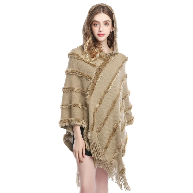 Women Spring Autumn Shawl Lady Knitted Fur Hoodies Wrap Solid Color Pullover Loose Sweater with Tassel Fall Poncho Wholesale