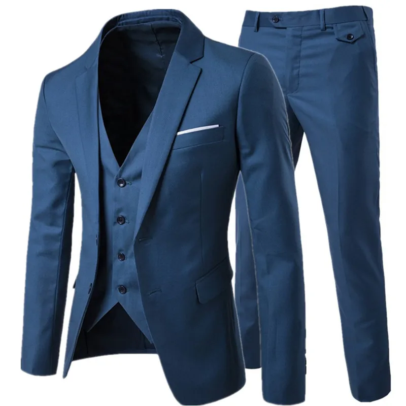 Suit Vest Pants 3 Pieces Sets / Men's One Buckle Two Button Business Suits Dress Blazers Jacket Coat Trousers Waistcoat