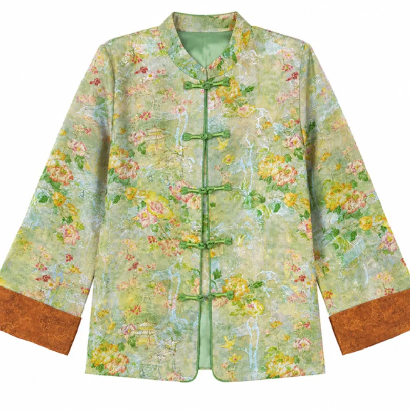 Vintage Button Women Qipao Tops Mandarin Collar Elegant Clothes Chinese Style Print Jacquard Blouse Long Sleeve Shirt Jacket