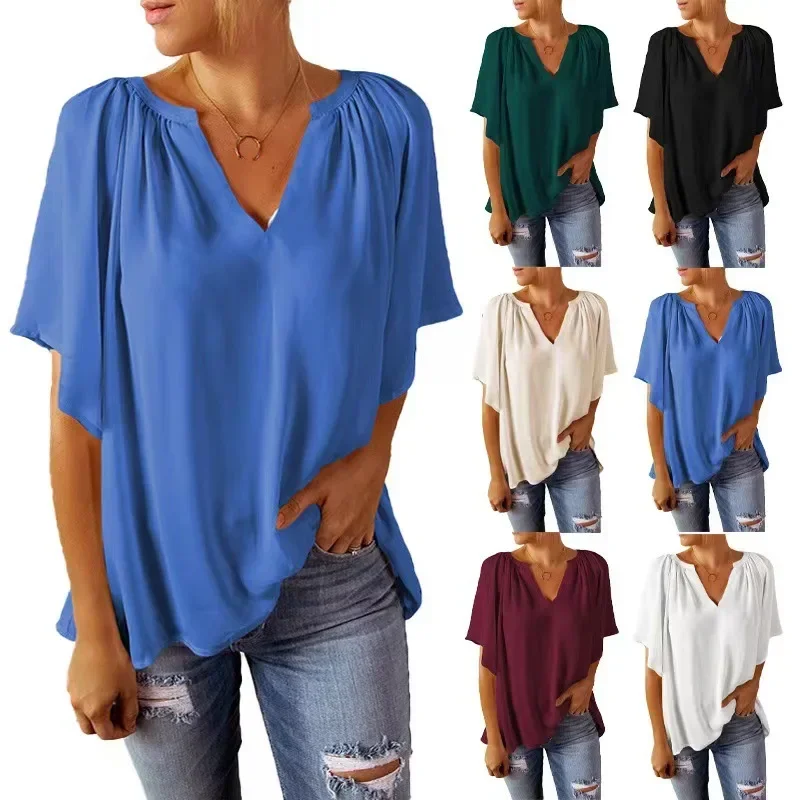 Women New Summer Tees Dressy Blouses V Neck Short Sleeve Tunic Tops Casual Tops Colour T Shirts Loose Beach Mom Elegant